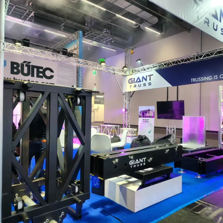 Black and silver truss on display at the Giant Truss stand, Pro Light & Sound