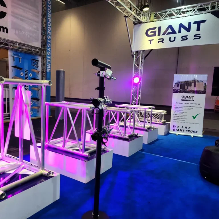 Lit truss display at the Giant Truss stand, Pro Light & Sound
