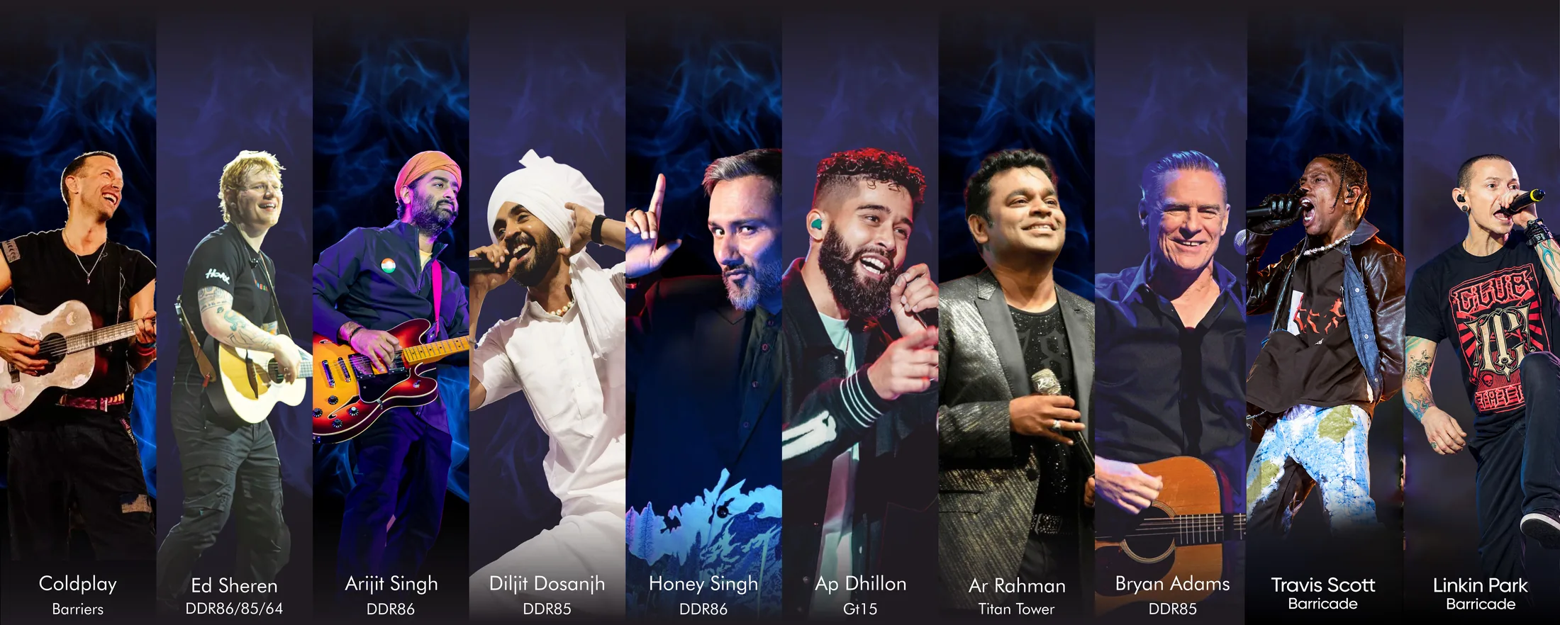 Artists who performed with Giant Truss systems, each photo labelled with the artist’s name and the system used
