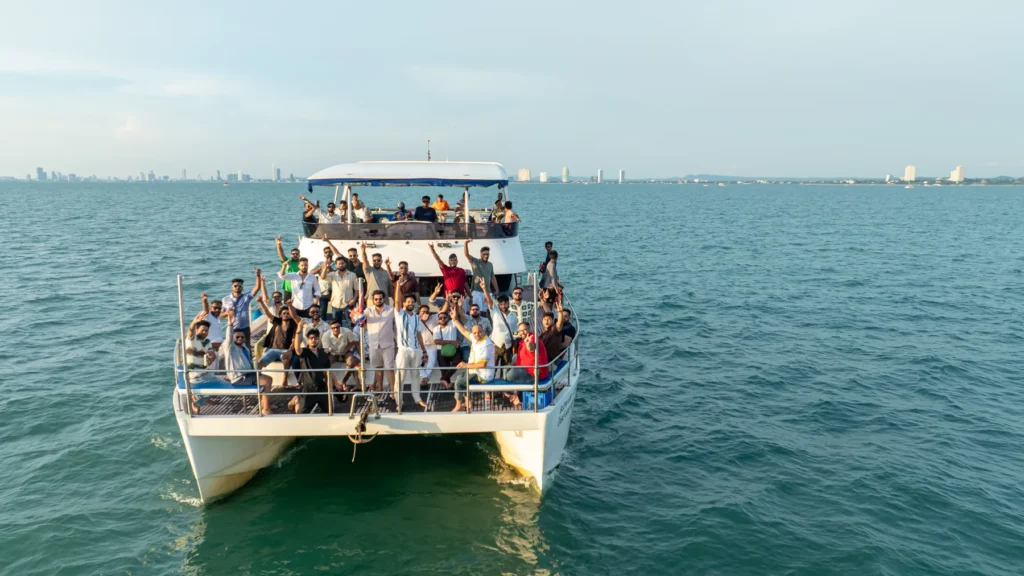 Aerial view of the group aboard a catamaran on the Thailand Trip 2025