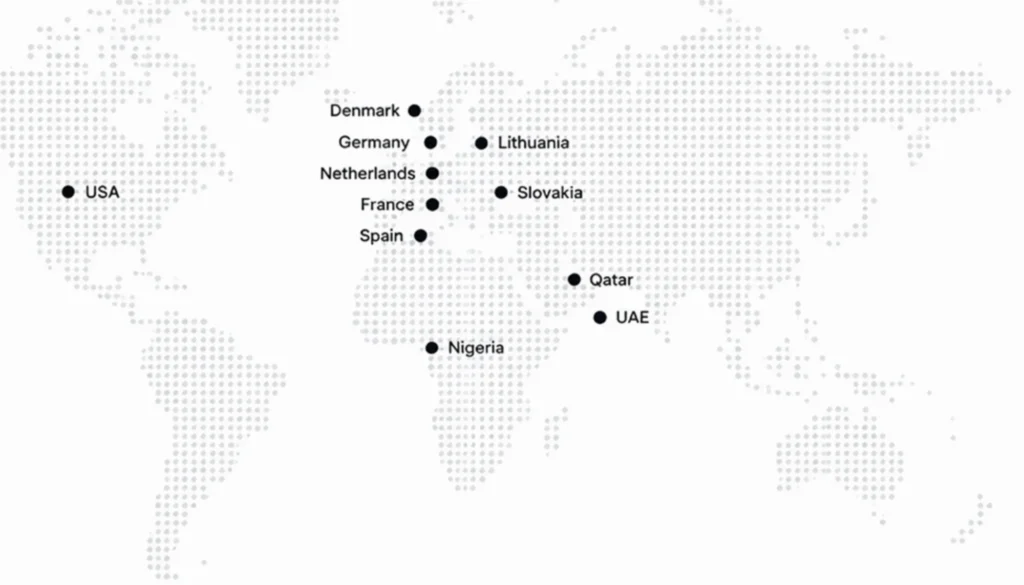 World map with pins on USA, Denmark, Germany, Netherlands, France, Spain, Lithuania, Slovakia, Qatar, UAE and Nigeria